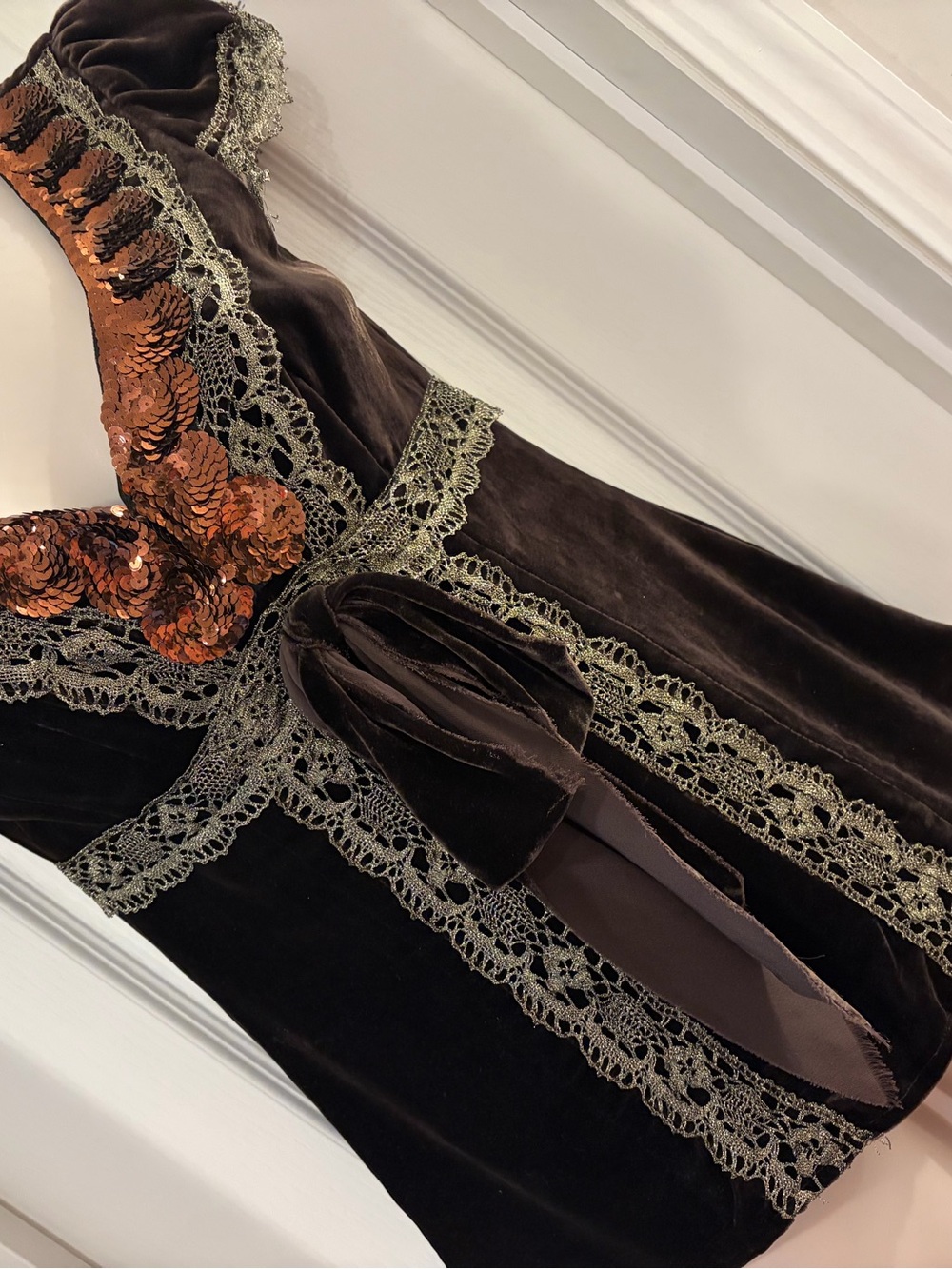 Nanette Lepore Brown Velvet Top with Copper Sequin V-Neck - Picture 7 of 12